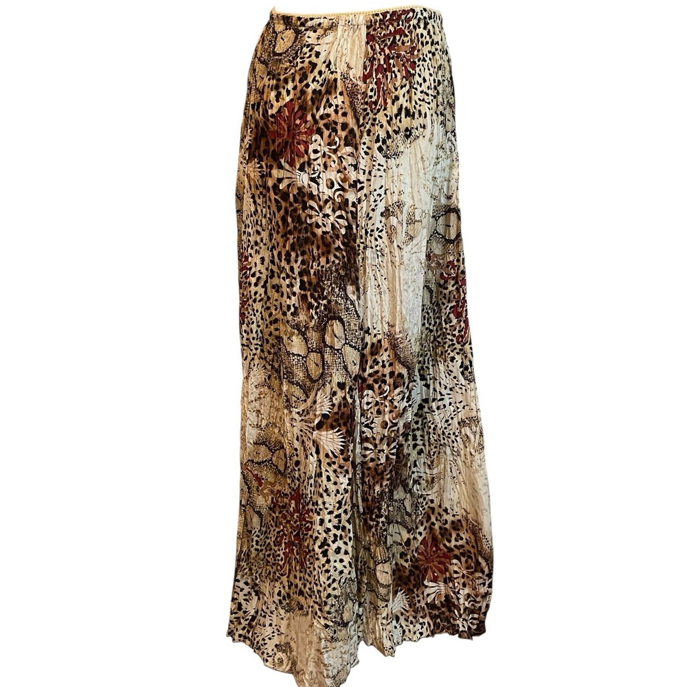 Animal Print Silk Maaxi Skirt Brown Leopard Print flowy Boho Chic Whimsy Medium - Picture 3 of 9